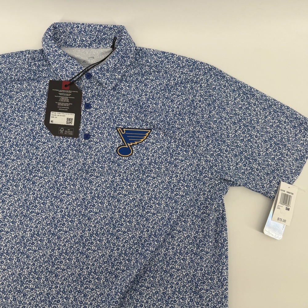 Antigua Polo Mens S Blue St. Louis Blues Field Ditsy Floral NHL Golf Shirt NEW